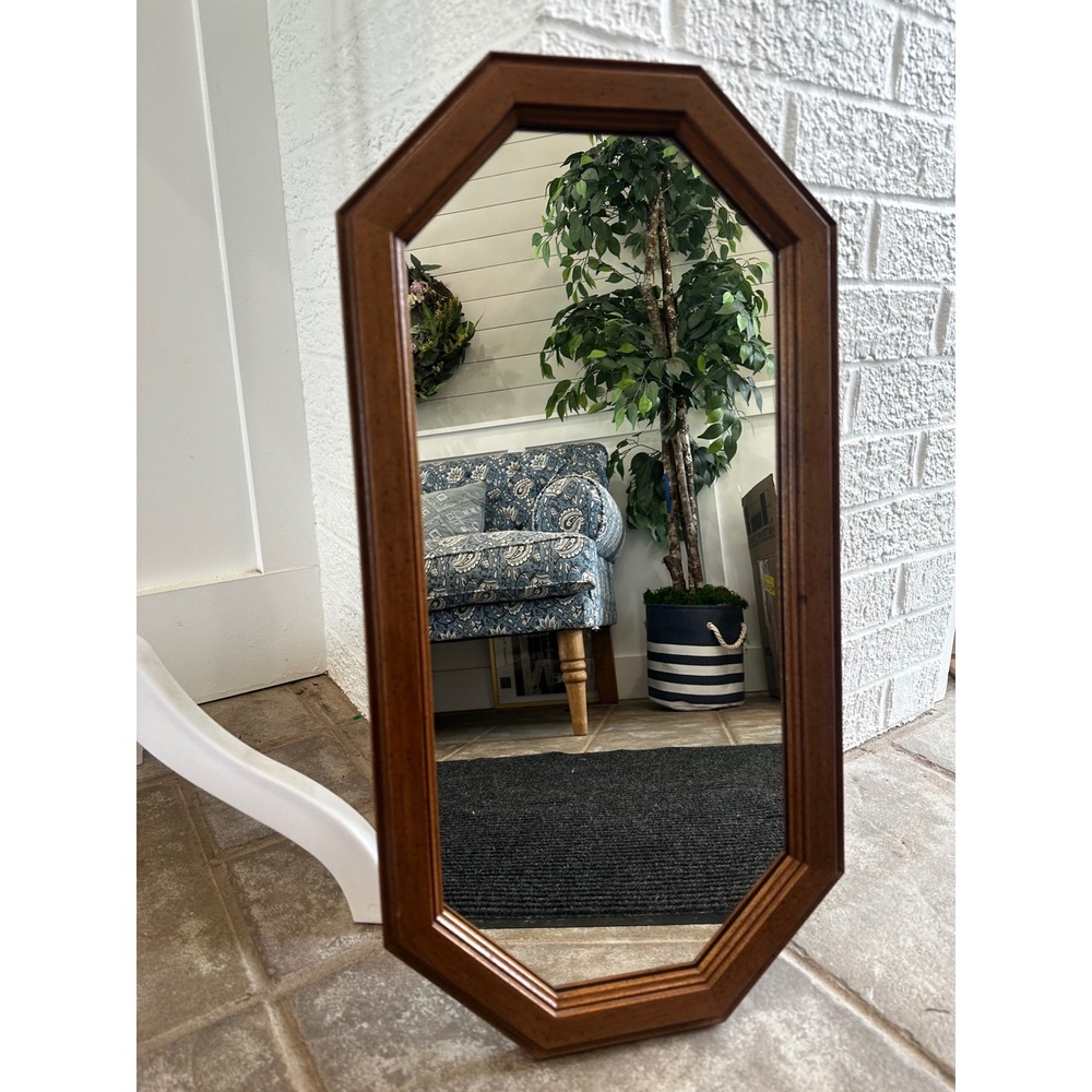 Vintage Octagonal Wood Frame Wall Mirror Brown Speckled Finish 21.5x11.5 Inch
